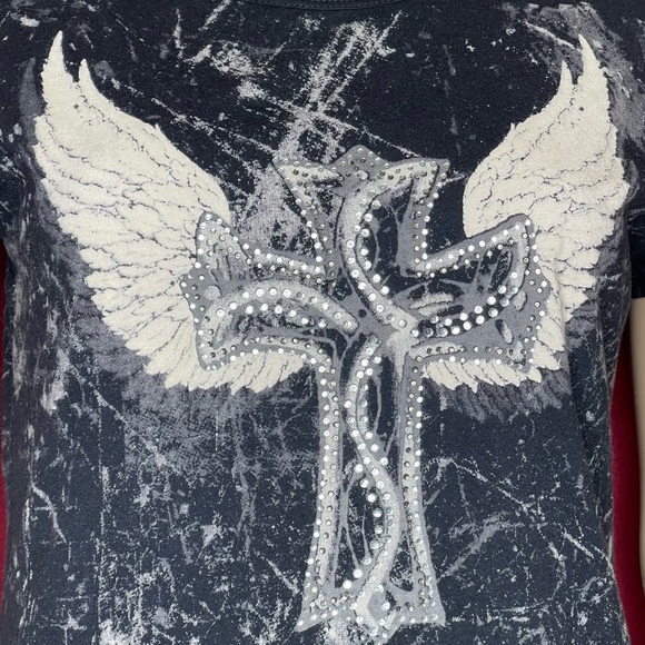 Vintage Y2K Cotty On Studded Cross Angel Wing Fitted Elongated Tee XL - Picture 2 of 6